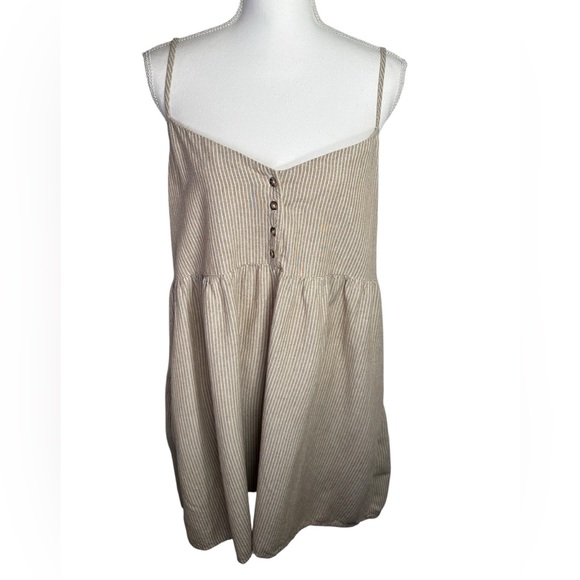 Volcom Sunday Strut Beige Pinstripe Button Front Babydoll Mini Dress Size L - Picture 2 of 14